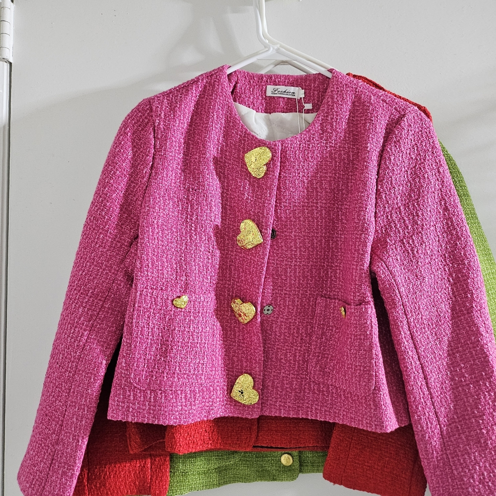 Pink Tweed Jacket with Heart Buttons